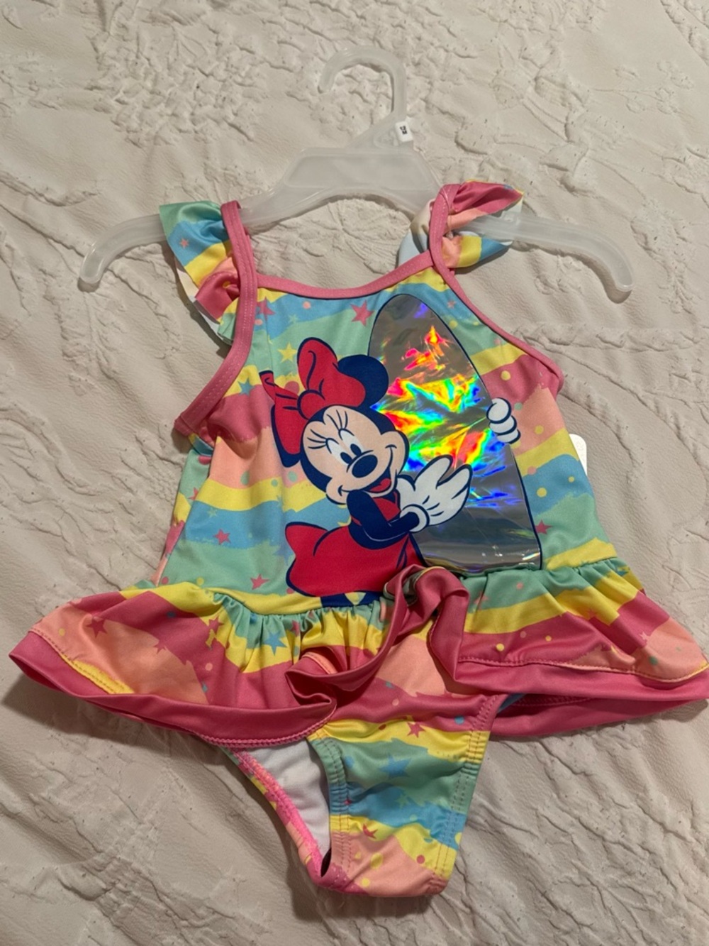 New Girls Disney Kids One-Piece Swimsuit Minnie Mouse Rainbow Pink Blue